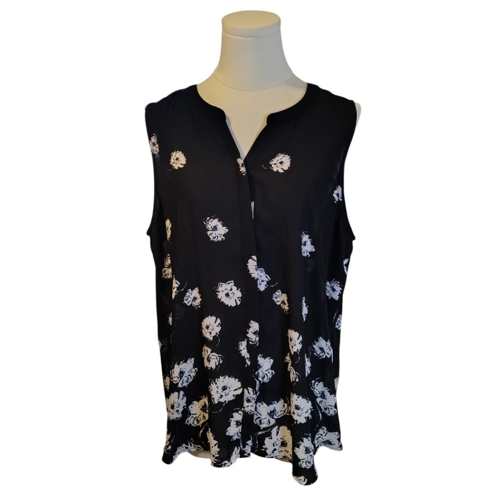 Apt.9 Sheer Black and White Floral Sleeveless Button Down Blouse Size XL